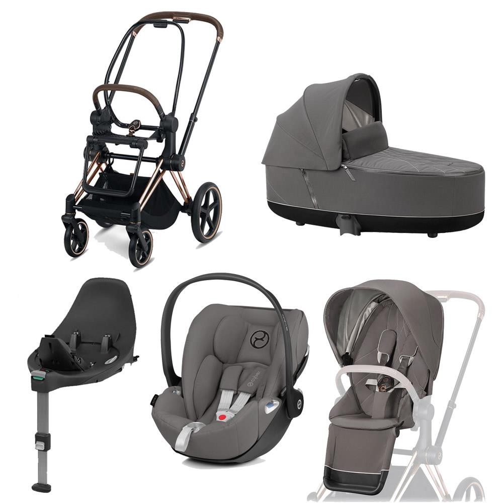 Cybex Priam stroller Set Rosegold, carry cot, infant carrier Cloud Z + Base  Z Soho Grey